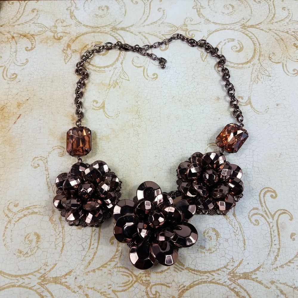 Vintage Joan Rivers Bronze Triple Flower Floral Statement Necklace Signed